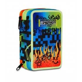 ASTUCCIO triplo scomparto SCRIBBLED FLAME con 3 zip SCUOLA seven COMPLETO di materiale SEVEN - 1