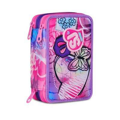 ASTUCCIO triplo scomparto TINYPATCH GIRL con 3 zip SJ GANG seven COMPLETO di materiale SCUOLA SEVEN - 1