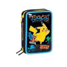 ASTUCCIO triplo scomparto POKEMON PIKACHU con 3 zip SCUOLA seven COMPLETO di materiale