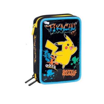 ASTUCCIO triplo scomparto POKEMON PIKACHU con 3 zip SCUOLA seven COMPLETO di materiale