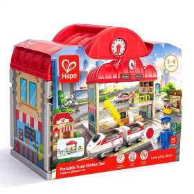 SET STAZIONE FERROVIA PORTATILE portable train station HAPE trenini TRENO età 3+