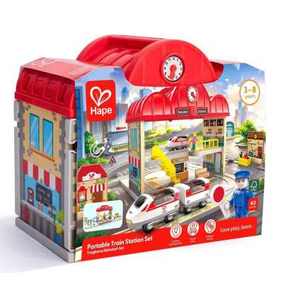 SET STAZIONE FERROVIA PORTATILE portable train station HAPE trenini TRENO età 3+