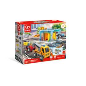 STAZIONE DI RIPARAZIONE E LAVAGGIO repair & wash station HAPE ferrovia treni in legno SET E3879 età 3+
