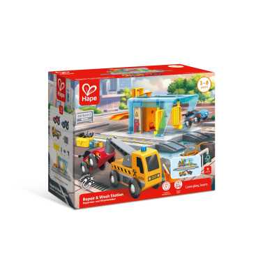 STAZIONE DI RIPARAZIONE E LAVAGGIO repair & wash station HAPE ferrovia treni in legno SET E3879 età 3+