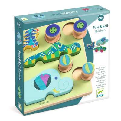 PUZZ & ROLL BARIOLO in legno ANIMALI djeco 2 IN 1 puzzle ad incastro DJ01081 età 18 mesi +