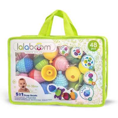 BORSA CON 48 PERLE E ACCESSORI gioco sensoriale LALABOOM montessori MOTRICITA' età 10 mesi +