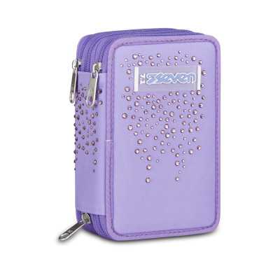 ASTUCCIO 3 ZIP tre cerniere VIOLA seven DIAMONDS triplo scomparto SCUOLA completo STRASS