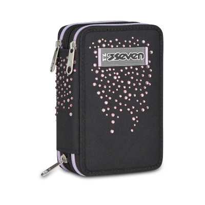 ASTUCCIO 3 ZIP tre cerniere NERO E ROSA seven DIAMONDS triplo scomparto SCUOLA completo STRASS