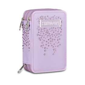 ASTUCCIO 3 ZIP tre cerniere LILLA seven DIAMONDS triplo scomparto SCUOLA completo STRASS
