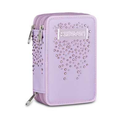 ASTUCCIO 3 ZIP tre cerniere LILLA seven DIAMONDS triplo scomparto SCUOLA completo STRASS