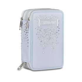 ASTUCCIO 3 ZIP tre cerniere CELESTE POLVERE seven DIAMONDS triplo scomparto SCUOLA completo STRASS