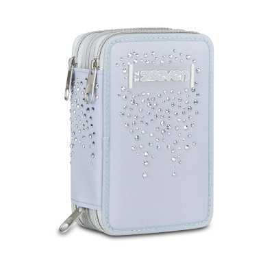 ASTUCCIO 3 ZIP tre cerniere CELESTE POLVERE seven DIAMONDS triplo scomparto SCUOLA completo STRASS