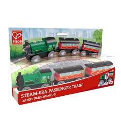 TRENO PASSEGGERI D'EPOCA in legno HAPE trenino E3719 magnetico 2 VAGONI E LOCOMOTIVA età 3+