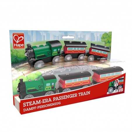 TRENO PASSEGGERI D'EPOCA in legno HAPE trenino E3719 magnetico 2 VAGONI E LOCOMOTIVA età 3+