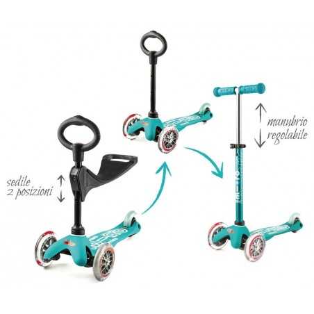 MONOPATTINO Mini Micro DELUXE mono pattino AQUA originale 3 RUOTE TRASPARENTI età 2+