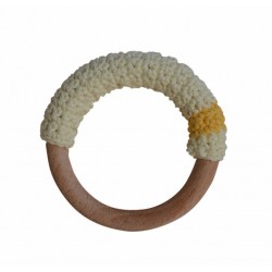ANELLO PER LA DENTIZIONE tessuto BIOLOGICO legno di faggio GIALLO CHIARO fatto a mano APUNT bio DA 0 MESI +