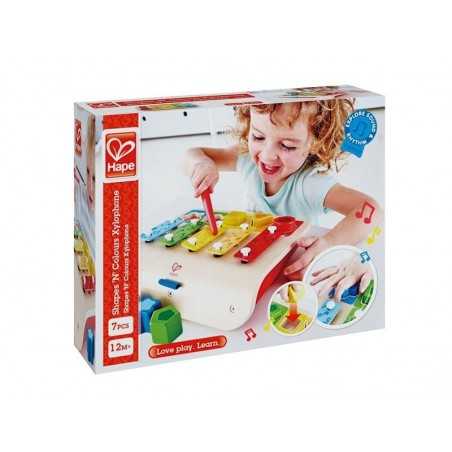 XILOFONO con scelta delle FORME musicale HAPE gioco in legno e metallo 7 PEZZI bebè E0334 da 12 mesi +