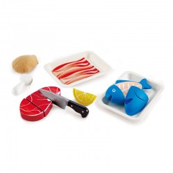 PIATTI PROTEICI GUSTOSI tasty proteins HAPE gioco di imitazione IN LEGNO 9 pezzi E3155 carne e pesce 3+ Hape - 1