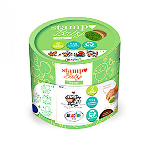 STAMPO BABY ECO stampini FATTORIA con tampone blu 4 TIMBRI aladine kids IN LEGNO età 18 mesi + Aladine - 1