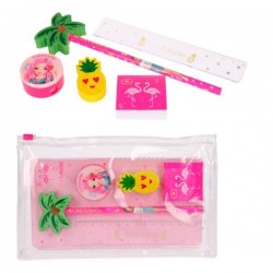 SET SCRITTURA stationery TOP MODEL matita temperino gomme righello block notes ASTUCCIO TRASPARENTE