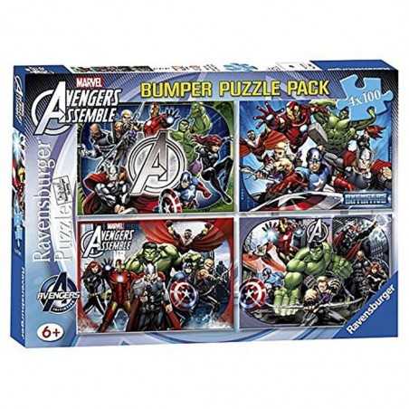 4 PUZZLE DA 100 PEZZI bumper puzzle pack RAVENSBURGER marvel AVENGERS assemble 36 X 26 CM età 6+