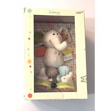 SET REGALO per bebè NICI elefante dundi BABUCCE E PUPAZZO peluche SCATOLA AMMACCATA età 0 mesi +