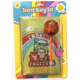 DIARIO SEGRETO con lucchetto e biro con pompon GLITTER giallo FOREVER POSITIVE tri coastal TRI COASTAL DESIGN - 1