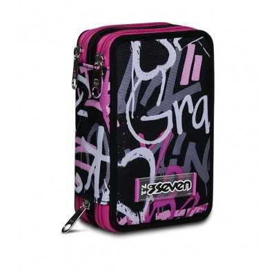 ASTUCCIO scuola 3 ZIP seven TRIPLO SCOMPARTO pencil case CHULKY tre piani NERO ROSA completo SEVEN - 1