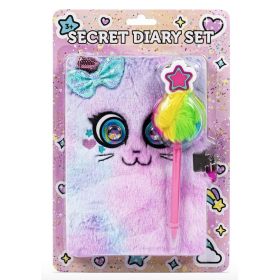 DIARIO SEGRETO con lucchetto PELOSO peluche VIOLA tri coastal GATTO con biro POMPON TRI COASTAL DESIGN - 1