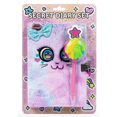 DIARIO SEGRETO con lucchetto PELOSO peluche VIOLA tri coastal GATTO con biro POMPON TRI COASTAL DESIGN - 1