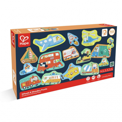 PUZZLE sagomati VEICOLI wheels & wonders HAPE da 60 pezzi E01649 età 18 mesi + Hape - 1