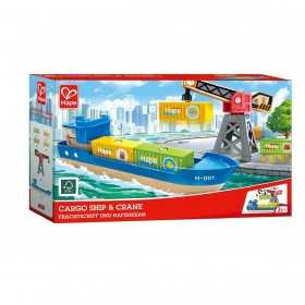 NAVE DA CARICO E GRU cargo ship & crane IN LEGNO ferrovia HAPE età 3+ Hape - 1